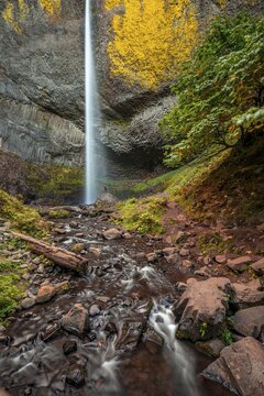 Man at waterfall in front of basalt rock, Latourell Falls, time exposure, Oregon, USA