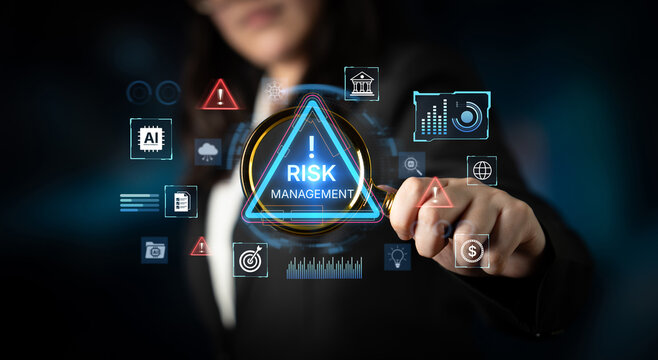 Futuristic risk management featuring AI agents analyzing data, detecting anomalies, and predict financial threats. Represents dynamic risk assessment, compliance, and cyber resilience. Corpus