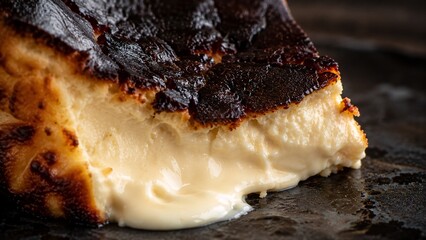 Fototapeta premium Extreme macro close-up of the creamy center of a Basque burnt cheesecake
