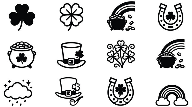 St. Patrick's Day icons set with shamrocks and horseshoes