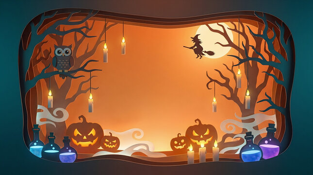 Halloween Night Scene with Pumpkins and Spooky Forest Silhouettes in Warm Glow