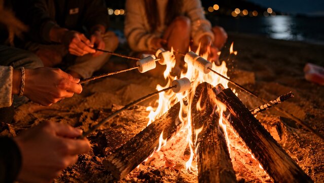 Friends roasting marshmallows on sticks over a warm glowing campfire at night