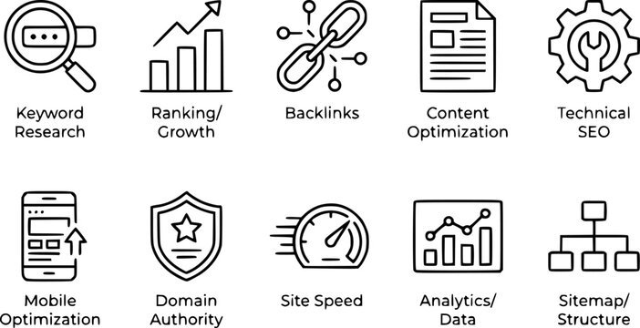 Infographic illustration shows icons and text about SEO optimization techniques and tools.