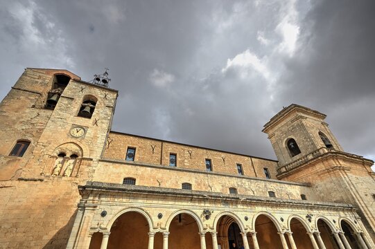 HDR shot, super wide angle shot, cloister, church tower, bell tower, Chiesa madre SS Pietro e Paolo, church, Petralia Soprana, place in national park, Madonie National Park, Sicily, Italy