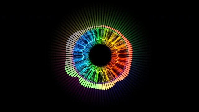 Rainbow colored circular audio spectrum visualizer pulsing on a black background representing sound frequencies and digital music energy in a loop