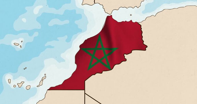 Motion graphic video of the morocco flag waving inside the country on a world map