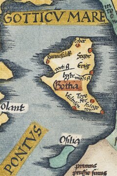 Gotland, detail from an antique historical map of Scandinavia Norbegia & Gottia by Lorenz Fries, Claudius Clavus and Martin Waldseem&uuml;ller, old coloured woodcut, Strasbourg 1541
