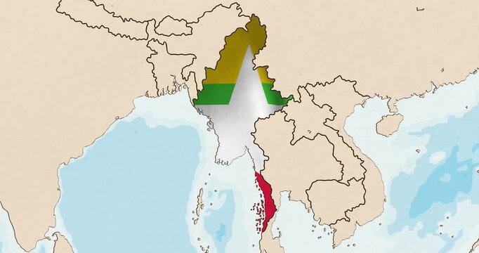 Motion graphic video of the myanmar flag waving inside the country on a world map