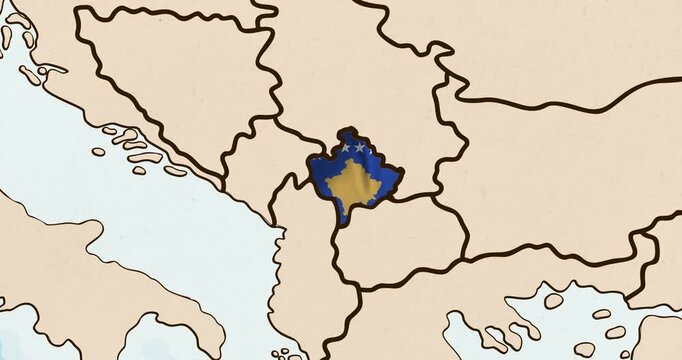Motion graphic video of the kosovo flag waving inside the country on a world map
