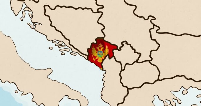 Motion graphic video of the montenegro flag waving inside the country on a world map