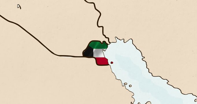 Motion graphic video of the kuwait flag waving inside the country on a world map