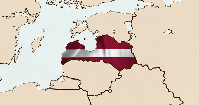 Motion graphic video of the latvia flag waving inside the country on a world map