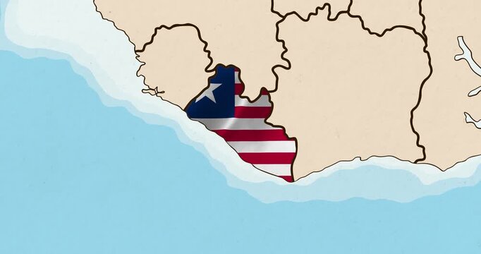 Motion graphic video of the liberia flag waving inside the country on a world map