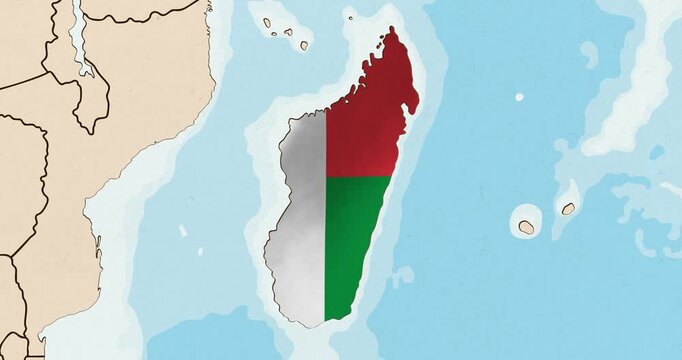 Motion graphic video of the madagascar flag waving inside the country on a world map