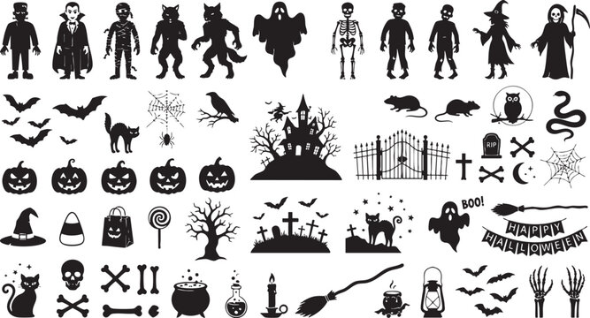 Spooky halloween silhouette icons for decorations and party supplies