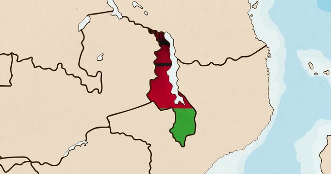 Motion graphic video of the malawi flag waving inside the country on a world map