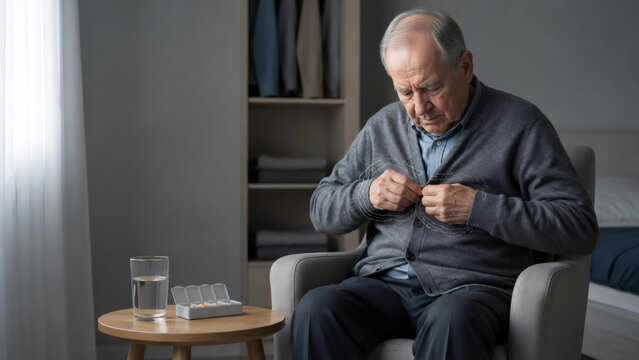 Elderly man sitting in chair and struggling to button his cardigan. Parkinson disease symptoms with hand tremor and disorientation. Neurological disorder and mental health concept.