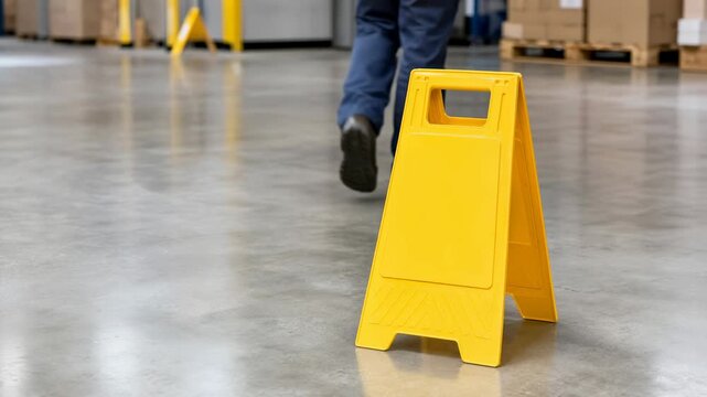 Yellow caution sign on clean shiny warehouse floor with worker walking by in safety boots and blue navy pants for floor safety