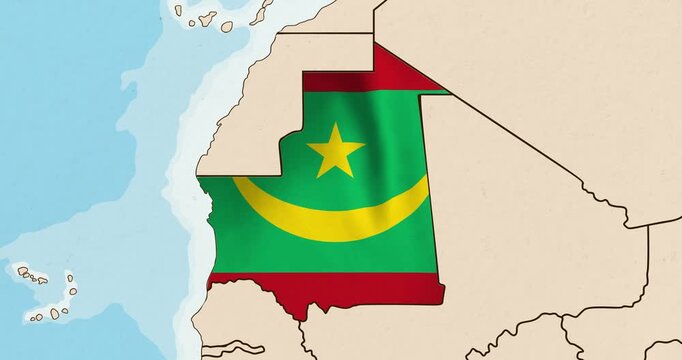 Motion graphic video of the mauritania flag waving inside the country on a world map