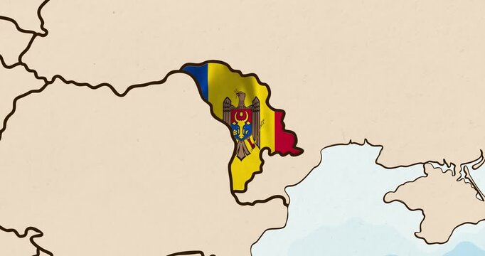 Motion graphic video of the moldova flag waving inside the country on a world map
