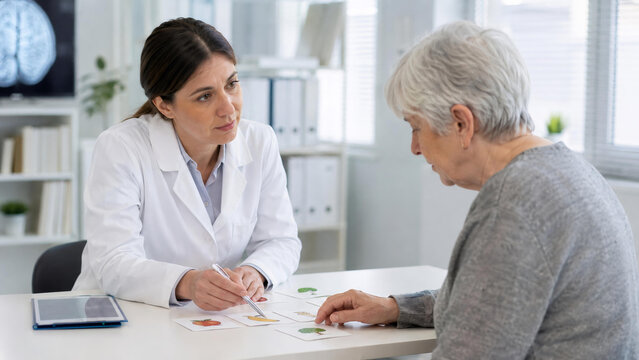 Woman neurologist conducting cognitive test with elderly woman patient. Doctor examining memory and brain functioning using flashcard game. Diagnosis of dementia or alzheimer disease.