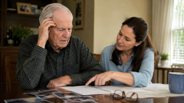 Woman caregiver helping elderly man with memory loss to identify faces in photo album. Support for senior with confusion or dementia at home. Mental health care and aging concept.