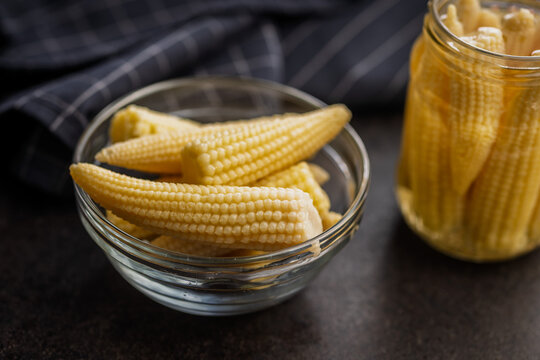Baby Corn In Glass Bowl And Jar Preserved Canned Vegetable Ingredient For Cooking
