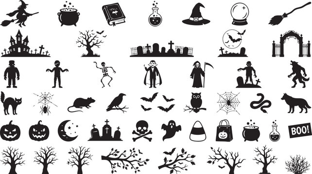 Spooky halloween icons and symbols for party decorations and design