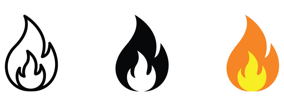 Fire flame icon with burning fireball symbol representing energy, heat, power and danger concepts, vector design