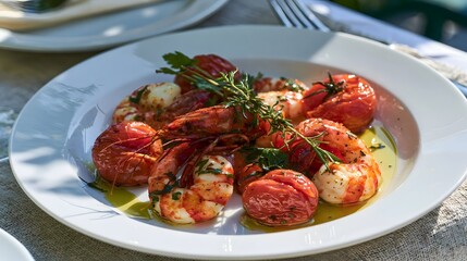 Fototapeta premium A plate of grilled shrimp and roasted tomatoes drizzled with olive oil and garnished with fresh herbs
