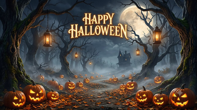 Spooky Halloween Night Scene with Jack-o-Lanterns and Haunted House in Foggy Moonlight