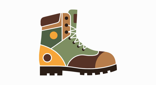 Flat vector illustration of a sturdy outdoor hiking boot designed with earthy tones for adventure with graphic durable outdoor