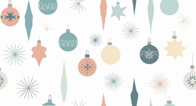 Seamless pattern of mid century modern christmas ornaments and starbursts in pastel tones on a white background