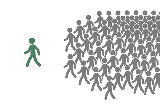 Green stick figure walking opposite to grey crowd concept