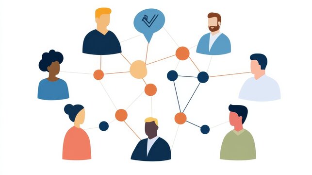 Subject A group of diverse, stylized people (avatars) connected by a network of lines and nodes. Composition Circularradial arrangement of people around a central network of nodes and