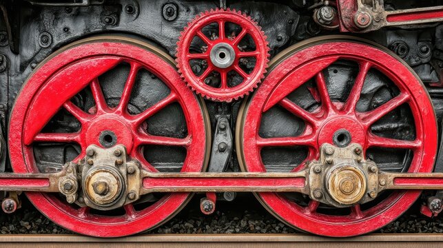 Steam Engine Wheels: A close-up view of a vintage steam engine's massive red wheels and intricate gear mechanism, showcasing the power and engineering of a bygone era.