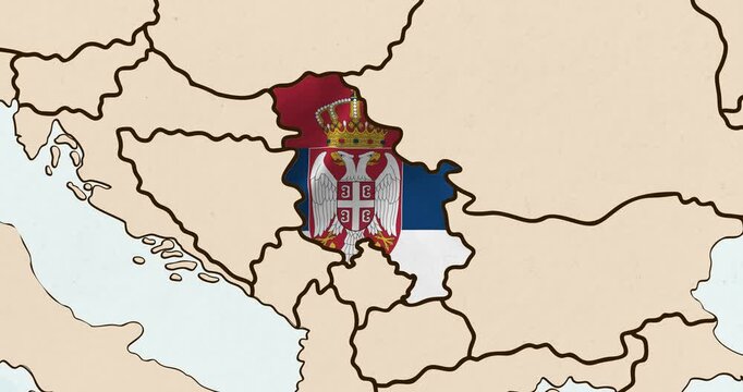 Motion graphic video of the serbia flag waving inside the country on a world map