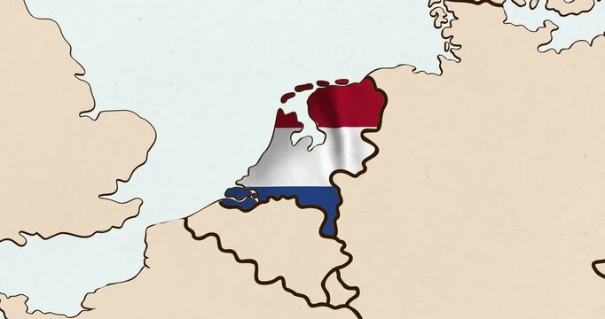Motion graphic video of the netherlands flag waving inside the country on a world map