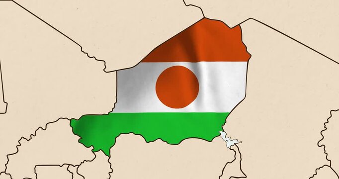 Motion graphic video of the niger flag waving inside the country on a world map
