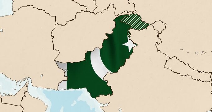 Motion graphic video of the pakistan flag waving inside the country on a world map