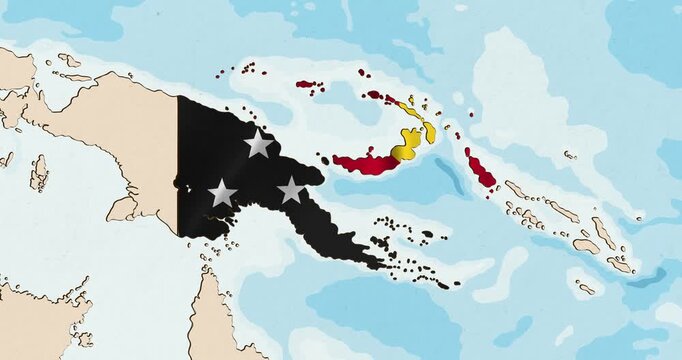 Motion graphic video of the papua new guinea flag waving inside the country on a world map