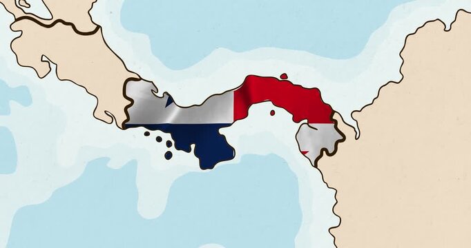 Motion graphic video of the panama flag waving inside the country on a world map