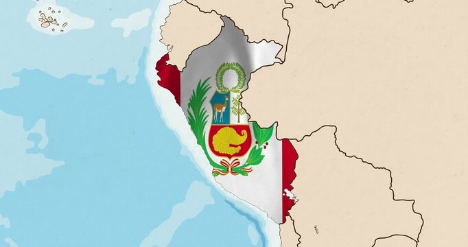Motion graphic video of the peru flag waving inside the country on a world map