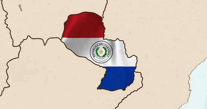 Motion graphic video of the paraguay flag waving inside the country on a world map