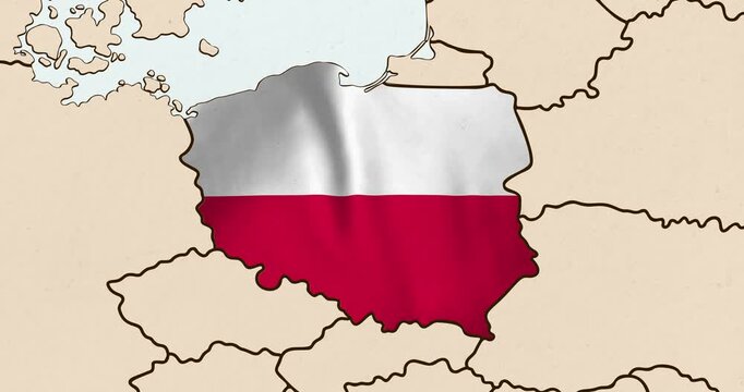 Motion graphic video of the poland flag waving inside the country on a world map