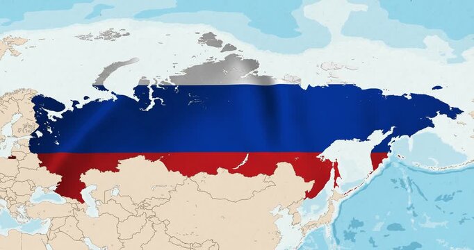 Motion graphic video of the russian federation flag waving inside the country on a world map