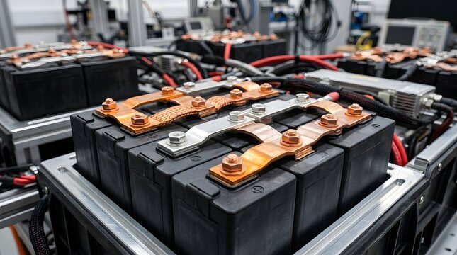 Industrial electric storage battery unit featuring heavy black rectangular cells with shining copper busbars and metallic silver connecting hardware components