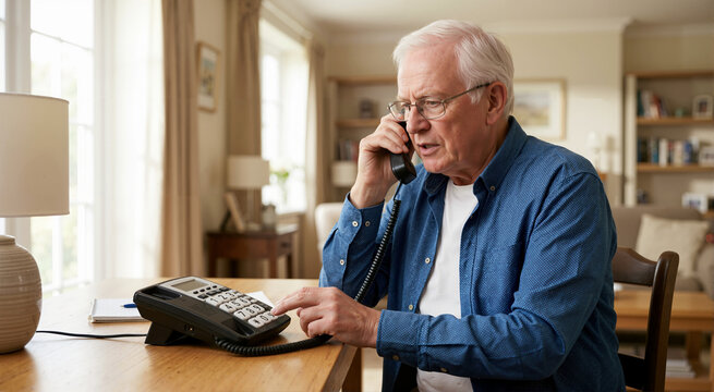 Concerned senior man talking on landline telephone at home. Elderly male using phone with large buttons to call for medical help or family