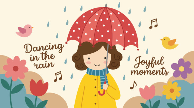 A charming illustration of a cheerful girl dancing in the rain under her polka dot umbrella, surrounded by colorful flowers and birds, radiating joy and happiness.