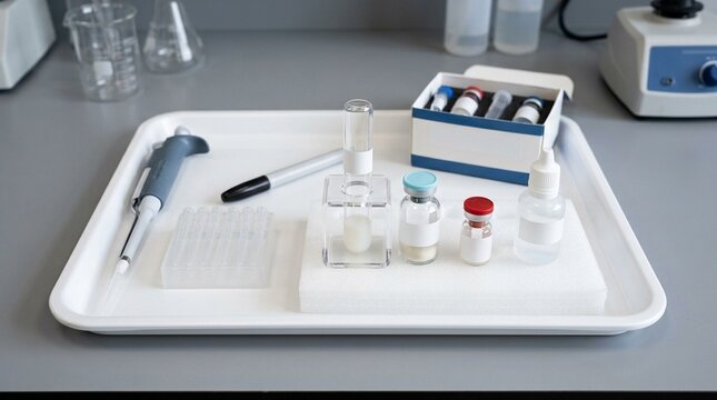 Endotoxin testing LAL assay kit with a gel-clot tube and a positive control and reagent water on a QC lab tray &ndash; Medical Laboratory Stock Photo, No People